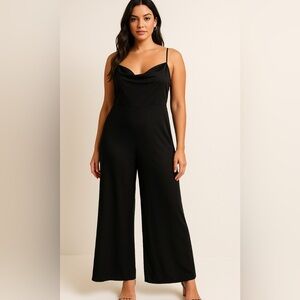 Silk Melloday Black Wide-Leg Jumpsuit XL NWOT Drape Neck Elevated Evening Style